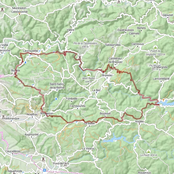 Miniature de la carte de l'inspiration cycliste "Boucle Gravel de Lacrouzette" dans la Midi-Pyrénées, France. Générée par le planificateur d'itinéraire cycliste Tarmacs.app