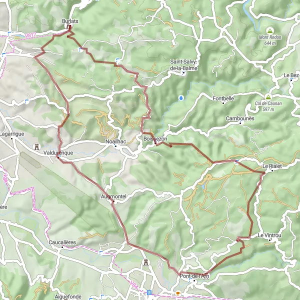 Mapa miniatúra "Gravelová cyklotrasa okolo Burlats" cyklistická inšpirácia v Midi-Pyrénées, France. Vygenerované cyklistickým plánovačom trás Tarmacs.app