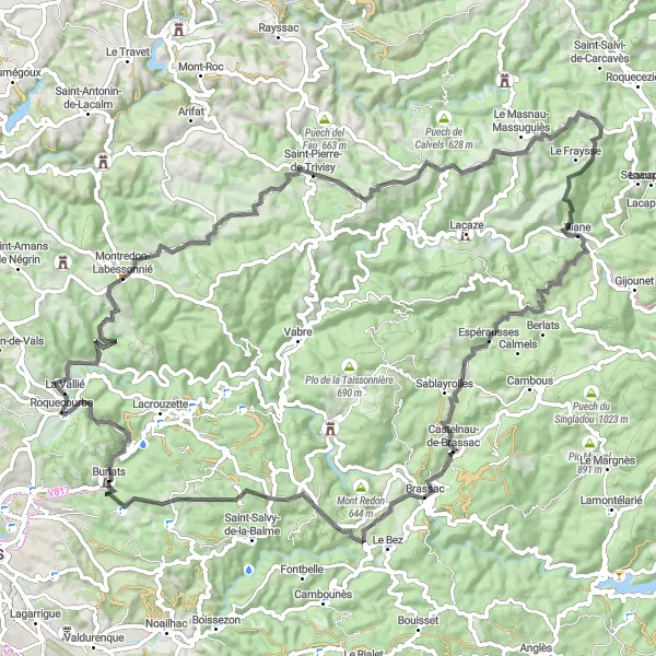 Zemljevid v pomanjšavi "Razgibana cestna avantura od Burlatsa" kolesarske inspiracije v Midi-Pyrénées, France. Generirano z načrtovalcem kolesarskih poti Tarmacs.app