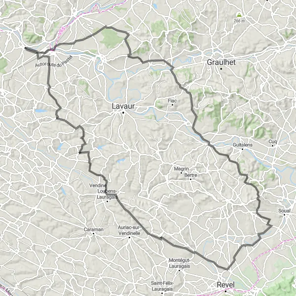 Map miniature of "Buzet-sur-Tarn to Azas Loop" cycling inspiration in Midi-Pyrénées, France. Generated by Tarmacs.app cycling route planner