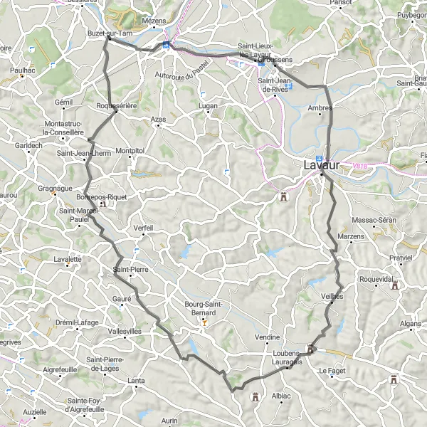 Miniatura mapy "Trasa przez wioski na południe od Buzet-sur-Tarn" - trasy rowerowej w Midi-Pyrénées, France. Wygenerowane przez planer tras rowerowych Tarmacs.app
