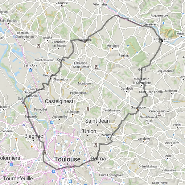 Kartminiatyr av "Toulouse Loop" cykelinspiration i Midi-Pyrénées, France. Genererad av Tarmacs.app cykelruttplanerare