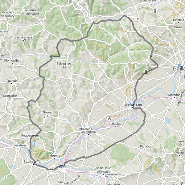 Kartminiatyr av "Naturskön cykeltur runt Buzet-sur-Tarn" cykelinspiration i Midi-Pyrénées, France. Genererad av Tarmacs.app cykelruttplanerare