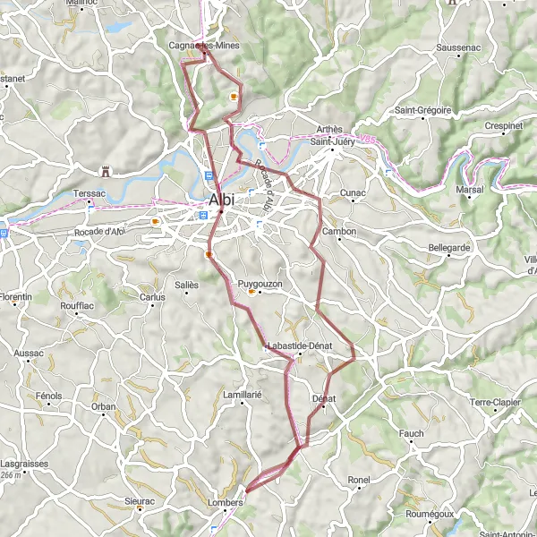 Mapa miniatúra "Zaujímavý gravelový výlet cez Albi a Labastide-Dénat" cyklistická inšpirácia v Midi-Pyrénées, France. Vygenerované cyklistickým plánovačom trás Tarmacs.app