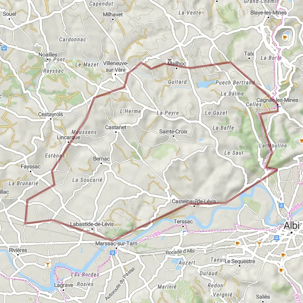 Mapa miniatúra "Gravelový okruh cez Marssac-sur-Tarn a Mailhoc" cyklistická inšpirácia v Midi-Pyrénées, France. Vygenerované cyklistickým plánovačom trás Tarmacs.app