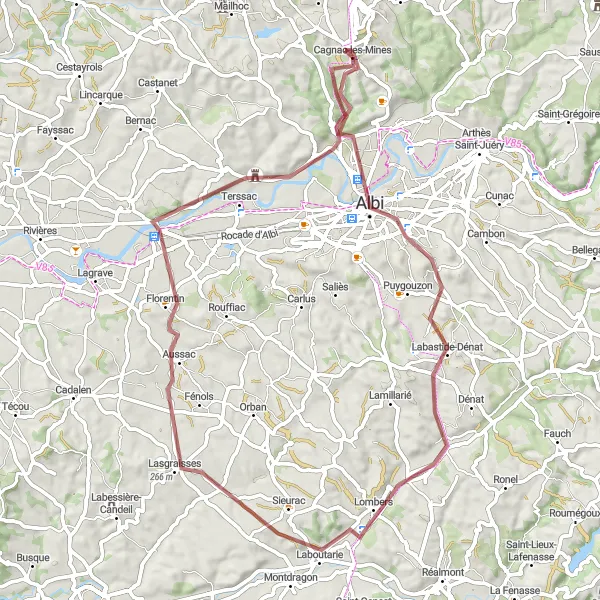 Miniaturní mapa "Gravel Tour de Midi-Pyrénées" inspirace pro cyklisty v oblasti Midi-Pyrénées, France. Vytvořeno pomocí plánovače tras Tarmacs.app