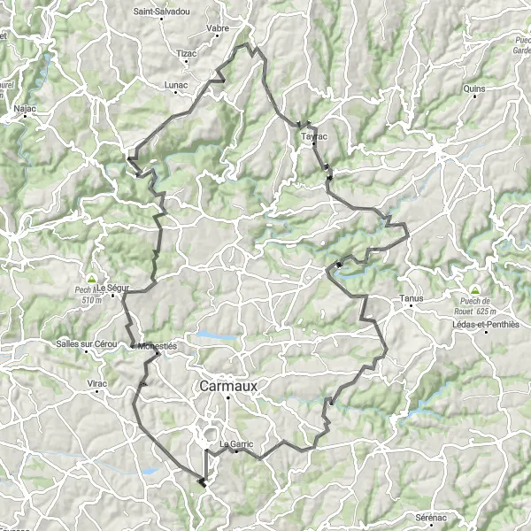 Miniature de la carte de l'inspiration cycliste "Parcours vallonné vers Pampelonne" dans la Midi-Pyrénées, France. Générée par le planificateur d'itinéraire cycliste Tarmacs.app