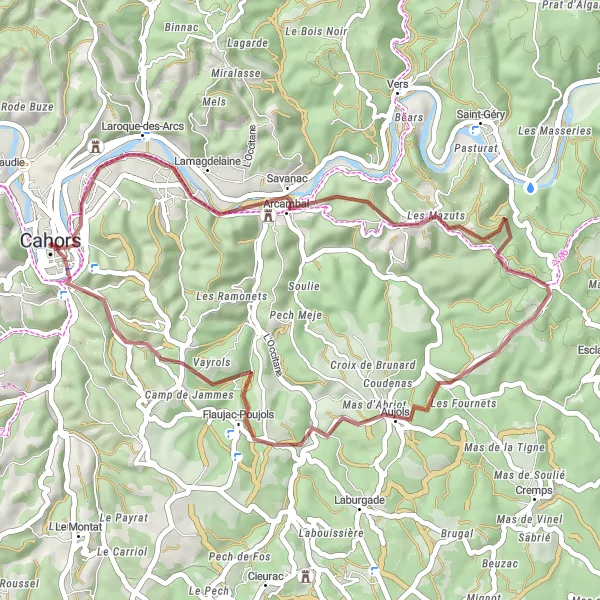 Mapa miniatúra "Gravel Route Arcambal - Cahors" cyklistická inšpirácia v Midi-Pyrénées, France. Vygenerované cyklistickým plánovačom trás Tarmacs.app