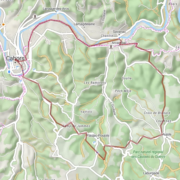 Zemljevid v pomanjšavi "Gorskokolesarska pot okoli Cahorsa" kolesarske inspiracije v Midi-Pyrénées, France. Generirano z načrtovalcem kolesarskih poti Tarmacs.app