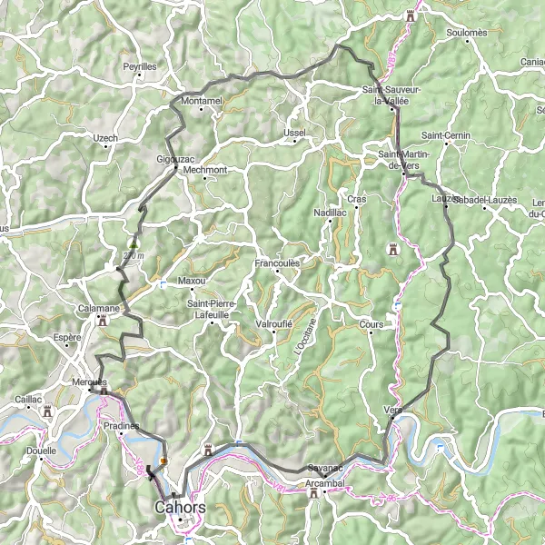 Karten-Miniaturansicht der Radinspiration "Herausforderung entlang der Straßen von Cahors" in Midi-Pyrénées, France. Erstellt vom Tarmacs.app-Routenplaner für Radtouren