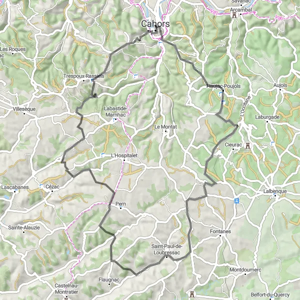 Zemljevid v pomanjšavi "Kolesarska pot okoli Cahorsa" kolesarske inspiracije v Midi-Pyrénées, France. Generirano z načrtovalcem kolesarskih poti Tarmacs.app