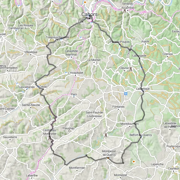 Zemljevid v pomanjšavi "Cahors - Cahors Circular Route" kolesarske inspiracije v Midi-Pyrénées, France. Generirano z načrtovalcem kolesarskih poti Tarmacs.app