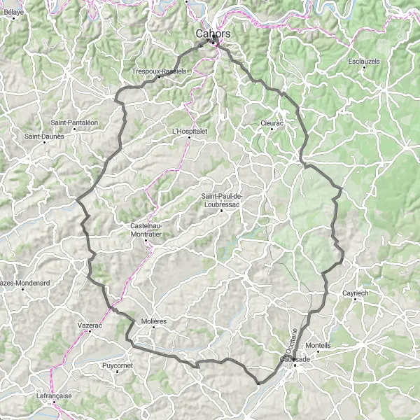 Zemljevid v pomanjšavi "Cahors - Sainte-Arthémie loop" kolesarske inspiracije v Midi-Pyrénées, France. Generirano z načrtovalcem kolesarskih poti Tarmacs.app