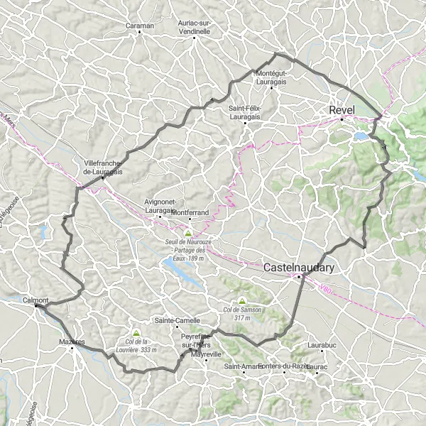 Map miniature of "Hills and Valleys: The Long Route" cycling inspiration in Midi-Pyrénées, France. Generated by Tarmacs.app cycling route planner