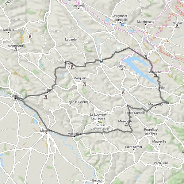 Kartminiatyr av "Château de Mézerville Loop" cykelinspiration i Midi-Pyrénées, France. Genererad av Tarmacs.app cykelruttplanerare