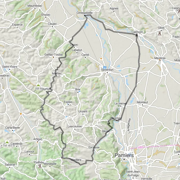 Miniatuurkaart van de fietsinspiratie "Château de Bonnac Road Cycling Route" in Midi-Pyrénées, France. Gemaakt door de Tarmacs.app fietsrouteplanner