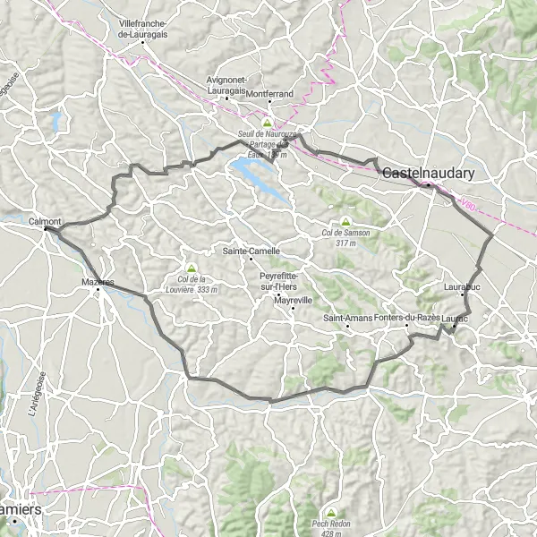 Mapa miniatúra "Skryté poklady v okolí Genervillu a Belpechu" cyklistická inšpirácia v Midi-Pyrénées, France. Vygenerované cyklistickým plánovačom trás Tarmacs.app