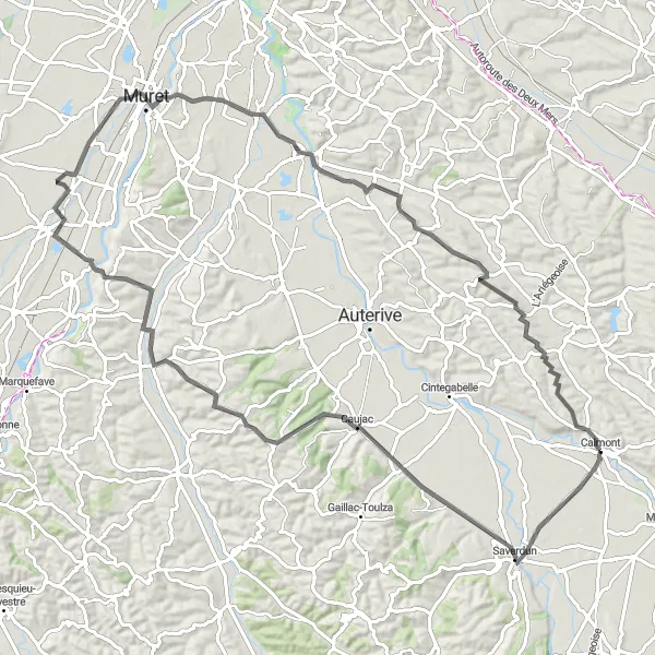 Miniaturní mapa "Kulturní cyklotrasa okolo Saverdunu" inspirace pro cyklisty v oblasti Midi-Pyrénées, France. Vytvořeno pomocí plánovače tras Tarmacs.app