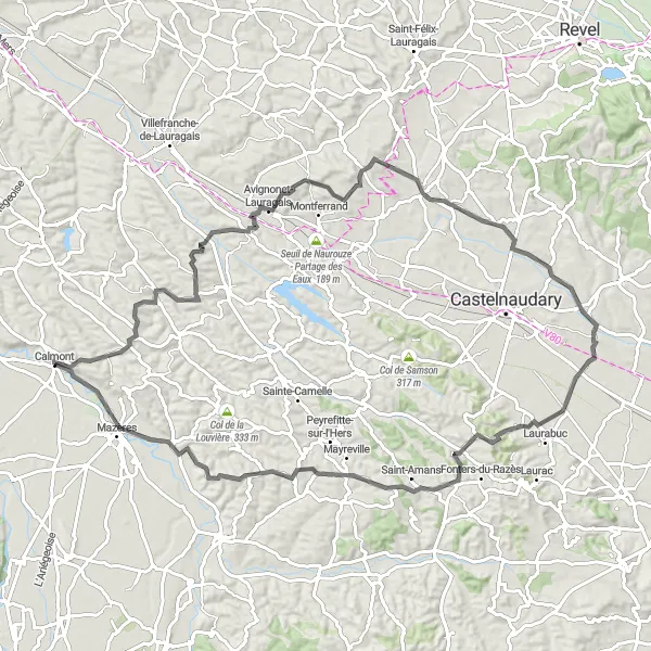 Map miniature of "The Beauty of Lauragais" cycling inspiration in Midi-Pyrénées, France. Generated by Tarmacs.app cycling route planner