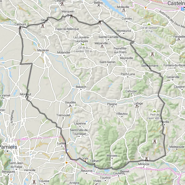 Miniaturní mapa "Calmont - Cesty pro road kola" inspirace pro cyklisty v oblasti Midi-Pyrénées, France. Vytvořeno pomocí plánovače tras Tarmacs.app