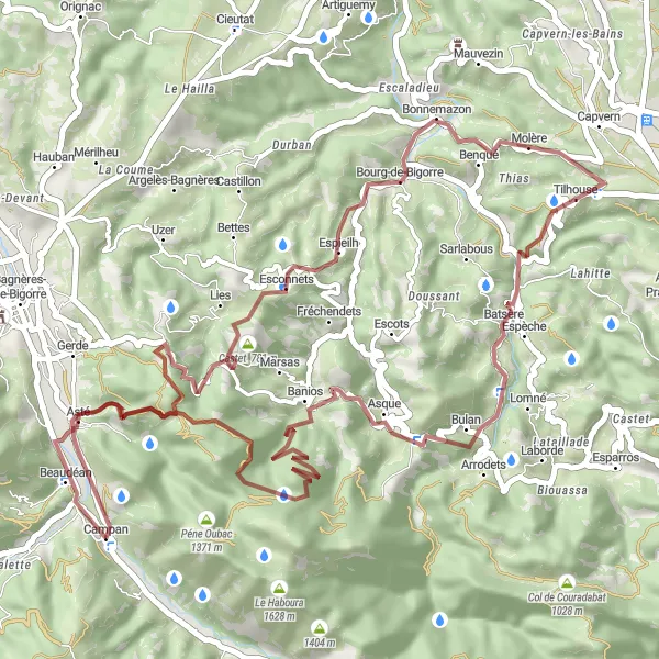 Map miniature of "Midi-Pyrénées Gravel Route 1" cycling inspiration in Midi-Pyrénées, France. Generated by Tarmacs.app cycling route planner