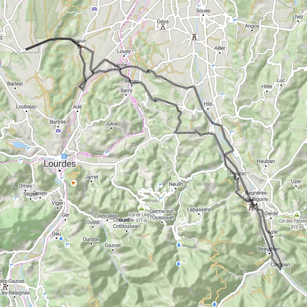 Miniatuurkaart van de fietsinspiratie "Wegroute vanaf Campan naar Trébons" in Midi-Pyrénées, France. Gemaakt door de Tarmacs.app fietsrouteplanner