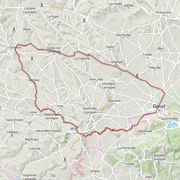 Miniaturní mapa "Gravel route around Caraman" inspirace pro cyklisty v oblasti Midi-Pyrénées, France. Vytvořeno pomocí plánovače tras Tarmacs.app
