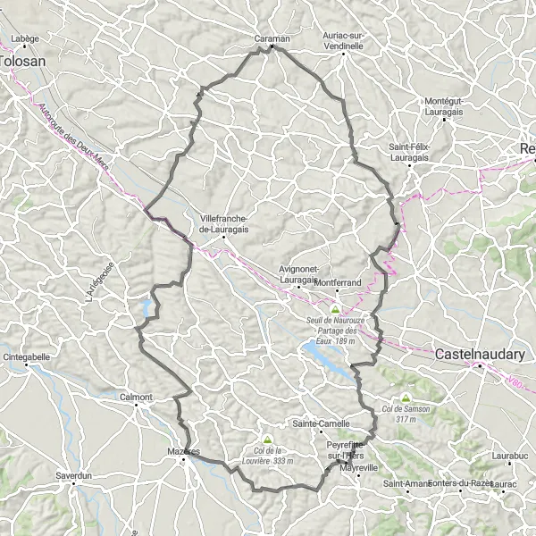 Kartminiatyr av "Utforsk det naturskjønne landskapet rundt Laurac-regionen" sykkelinspirasjon i Midi-Pyrénées, France. Generert av Tarmacs.app sykkelrutoplanlegger