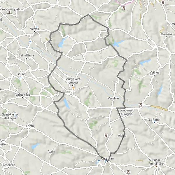 Kartminiatyr av "Oppdag tradisjonelle landsbyer i Languedoc-regionen" sykkelinspirasjon i Midi-Pyrénées, France. Generert av Tarmacs.app sykkelrutoplanlegger