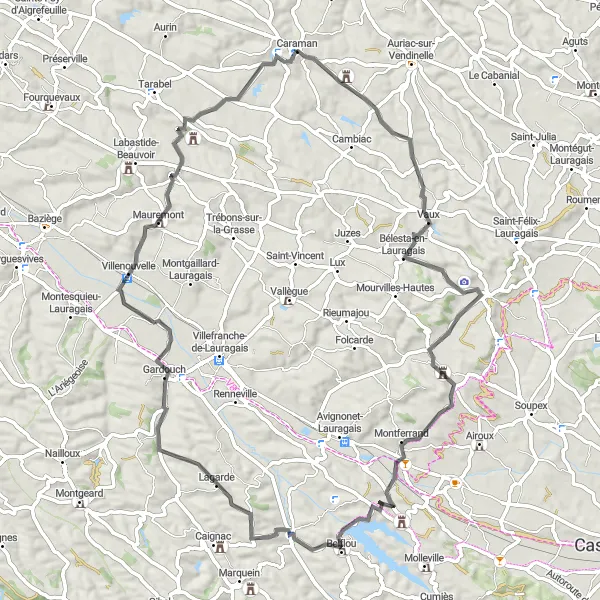Mapa miniatúra "Gravel cesta cez Bélesta-en-Lauragais" cyklistická inšpirácia v Midi-Pyrénées, France. Vygenerované cyklistickým plánovačom trás Tarmacs.app