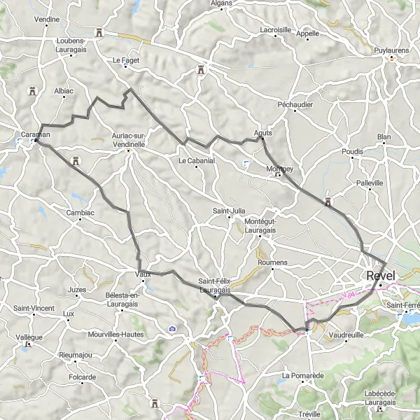 Kartminiatyr av "La Salvetat-Lauragais til Caraman" sykkelinspirasjon i Midi-Pyrénées, France. Generert av Tarmacs.app sykkelrutoplanlegger