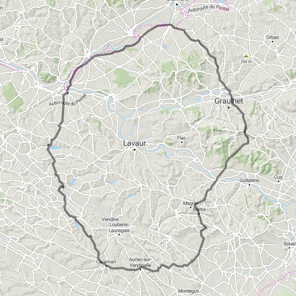Miniatuurkaart van de fietsinspiratie "Avontuurlijke tocht door heuvels en valleien" in Midi-Pyrénées, France. Gemaakt door de Tarmacs.app fietsrouteplanner