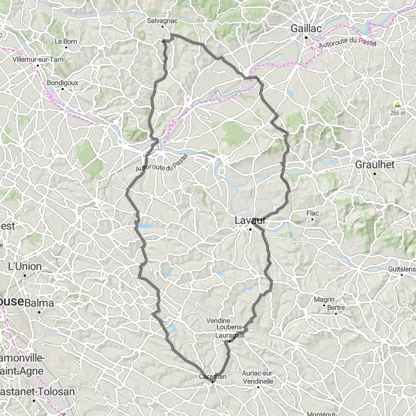 Miniaturní mapa "Road route near Caraman" inspirace pro cyklisty v oblasti Midi-Pyrénées, France. Vytvořeno pomocí plánovače tras Tarmacs.app