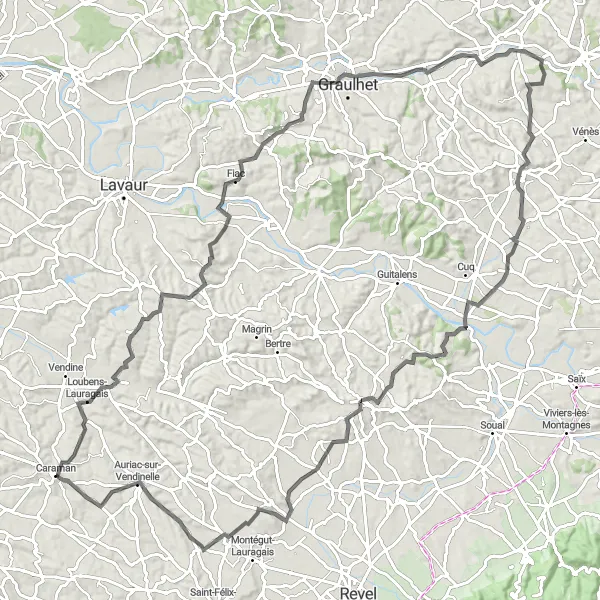 Mapa miniatúra "Okruh smerujúci od Caramanu" cyklistická inšpirácia v Midi-Pyrénées, France. Vygenerované cyklistickým plánovačom trás Tarmacs.app