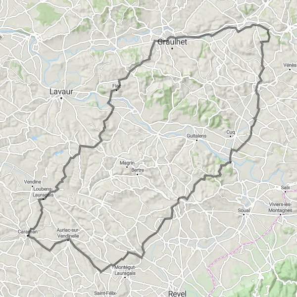 Zemljevid v pomanjšavi "Poteza po Tarnu" kolesarske inspiracije v Midi-Pyrénées, France. Generirano z načrtovalcem kolesarskih poti Tarmacs.app