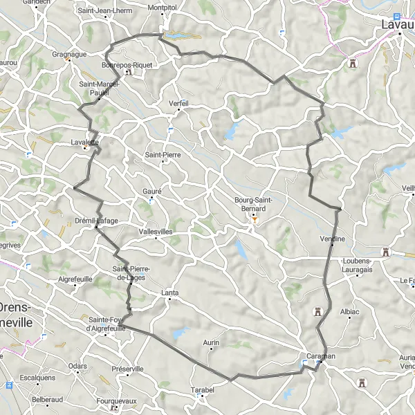 Kartminiatyr av "Caraman til Bannières sykkelrute" sykkelinspirasjon i Midi-Pyrénées, France. Generert av Tarmacs.app sykkelrutoplanlegger