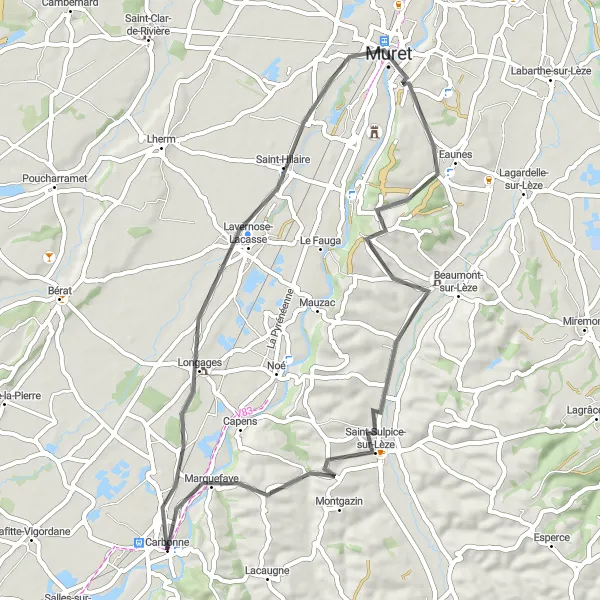 Miniaturní mapa "Cyklistická cesta kolem Carbonne - Lavernose-Lacasse - Eaunes - Table d'orientation - Saint-Sulpice-sur-Lèze - Marquefave" inspirace pro cyklisty v oblasti Midi-Pyrénées, France. Vytvořeno pomocí plánovače tras Tarmacs.app