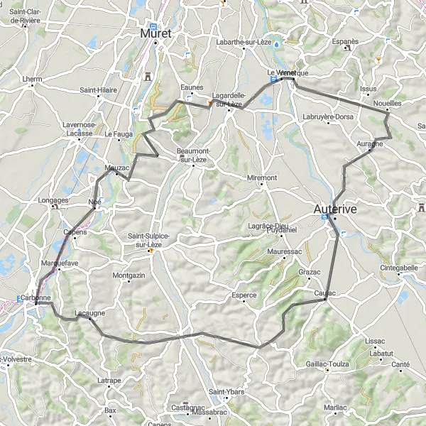 Miniatua del mapa de inspiración ciclista "Ruta de Carbonne a Lacaugne" en Midi-Pyrénées, France. Generado por Tarmacs.app planificador de rutas ciclistas