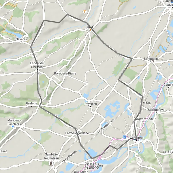 Map miniature of "The Vigorous Vigordane Road" cycling inspiration in Midi-Pyrénées, France. Generated by Tarmacs.app cycling route planner