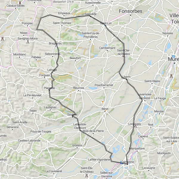 Miniaturní mapa "Okružní cesta kolem Carbonne" inspirace pro cyklisty v oblasti Midi-Pyrénées, France. Vytvořeno pomocí plánovače tras Tarmacs.app