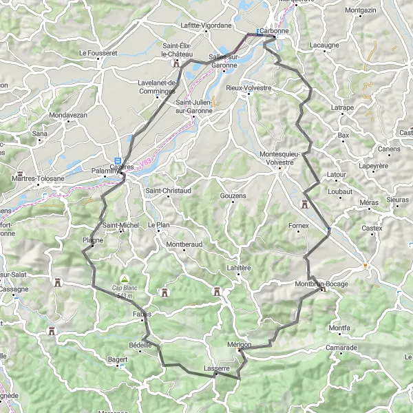 Miniatua del mapa de inspiración ciclista "Ruta a Cérizols y Saint-Élix-le-Château" en Midi-Pyrénées, France. Generado por Tarmacs.app planificador de rutas ciclistas