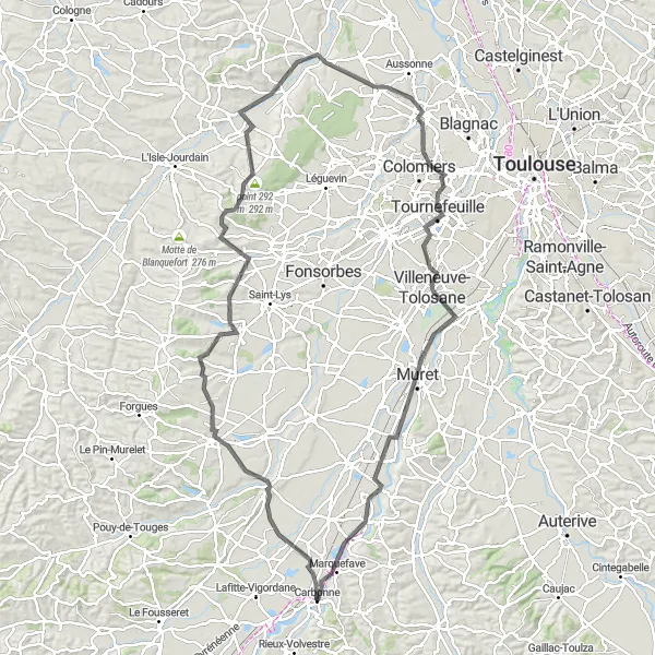 Zemljevid v pomanjšavi "Ciklična pot okrog Carbonne (Midi-Pyrénées, Francija)" kolesarske inspiracije v Midi-Pyrénées, France. Generirano z načrtovalcem kolesarskih poti Tarmacs.app