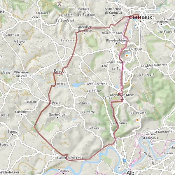 Miniaturní mapa "Trasa okolo Carmaux - Gravel" inspirace pro cyklisty v oblasti Midi-Pyrénées, France. Vytvořeno pomocí plánovače tras Tarmacs.app