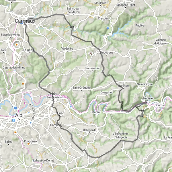 Miniatua del mapa de inspiración ciclista "Ruta escénica de montaña hacia Villefranche-d'Albigeois" en Midi-Pyrénées, France. Generado por Tarmacs.app planificador de rutas ciclistas