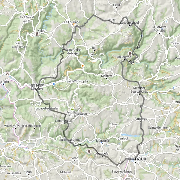 Karttaminiaatyyri "Kulttuuripyöräily Laparrouquialin ympäristössä" pyöräilyinspiraatiosta alueella Midi-Pyrénées, France. Luotu Tarmacs.app pyöräilyreittisuunnittelijalla