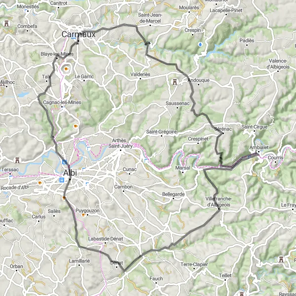 Kartminiatyr av "Oppdagelsesreise til Albi og Carmaux" sykkelinspirasjon i Midi-Pyrénées, France. Generert av Tarmacs.app sykkelrutoplanlegger