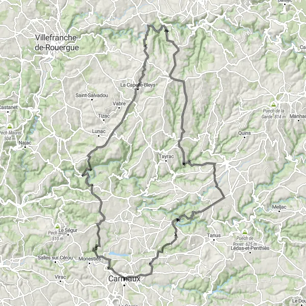 Miniatua del mapa de inspiración ciclista "Ruta de Carmaux a Lozère" en Midi-Pyrénées, France. Generado por Tarmacs.app planificador de rutas ciclistas