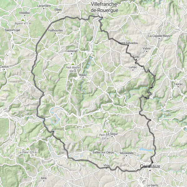 Miniatuurkaart van de fietsinspiratie "Uitdagende route door Virac, Cordes-sur-Ciel, Milhars" in Midi-Pyrénées, France. Gemaakt door de Tarmacs.app fietsrouteplanner