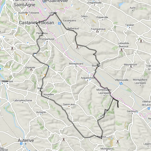 Map miniature of "Nailloux Loop" cycling inspiration in Midi-Pyrénées, France. Generated by Tarmacs.app cycling route planner