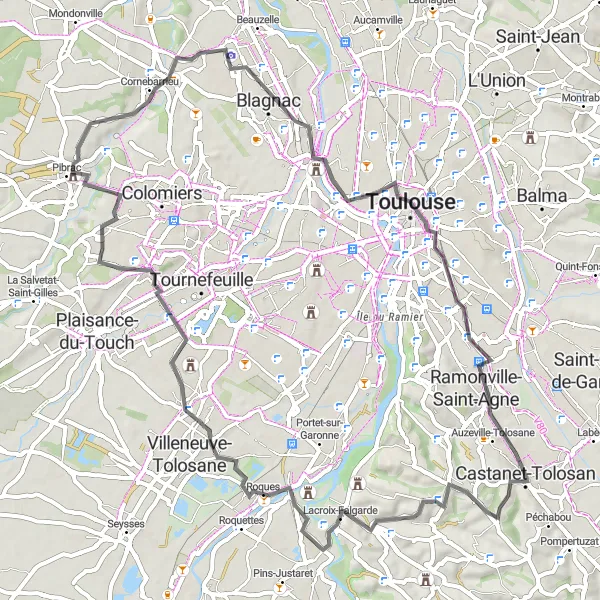 Karttaminiaatyyri "Kulttuurireitti Castanet-Tolosan ympäri" pyöräilyinspiraatiosta alueella Midi-Pyrénées, France. Luotu Tarmacs.app pyöräilyreittisuunnittelijalla
